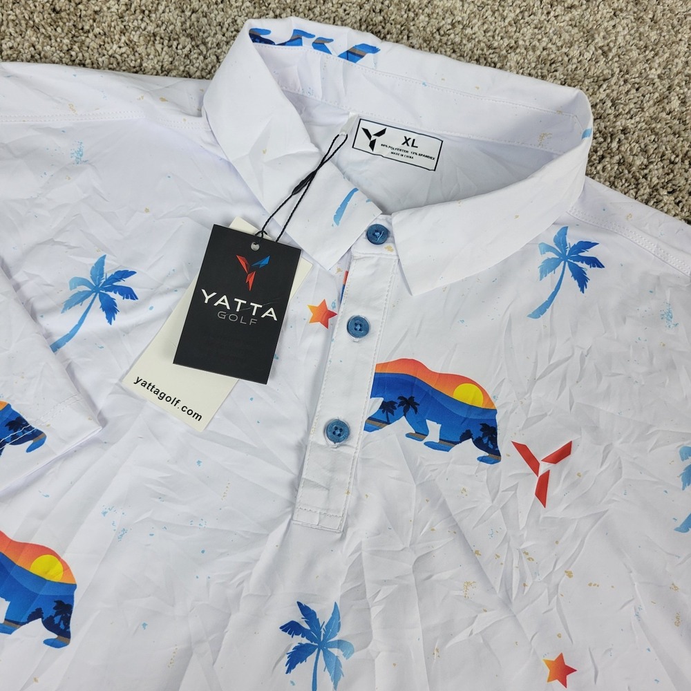 NWT Yatta Golf Mens XL White AOP California Bear Floral Performance Stretch Polo
